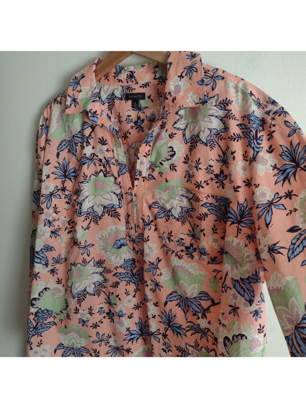 Talbots Printed Popover Blouse XL Salmon Pink Floral Cotton Relaxed Fit Top - Picture 6 of 10